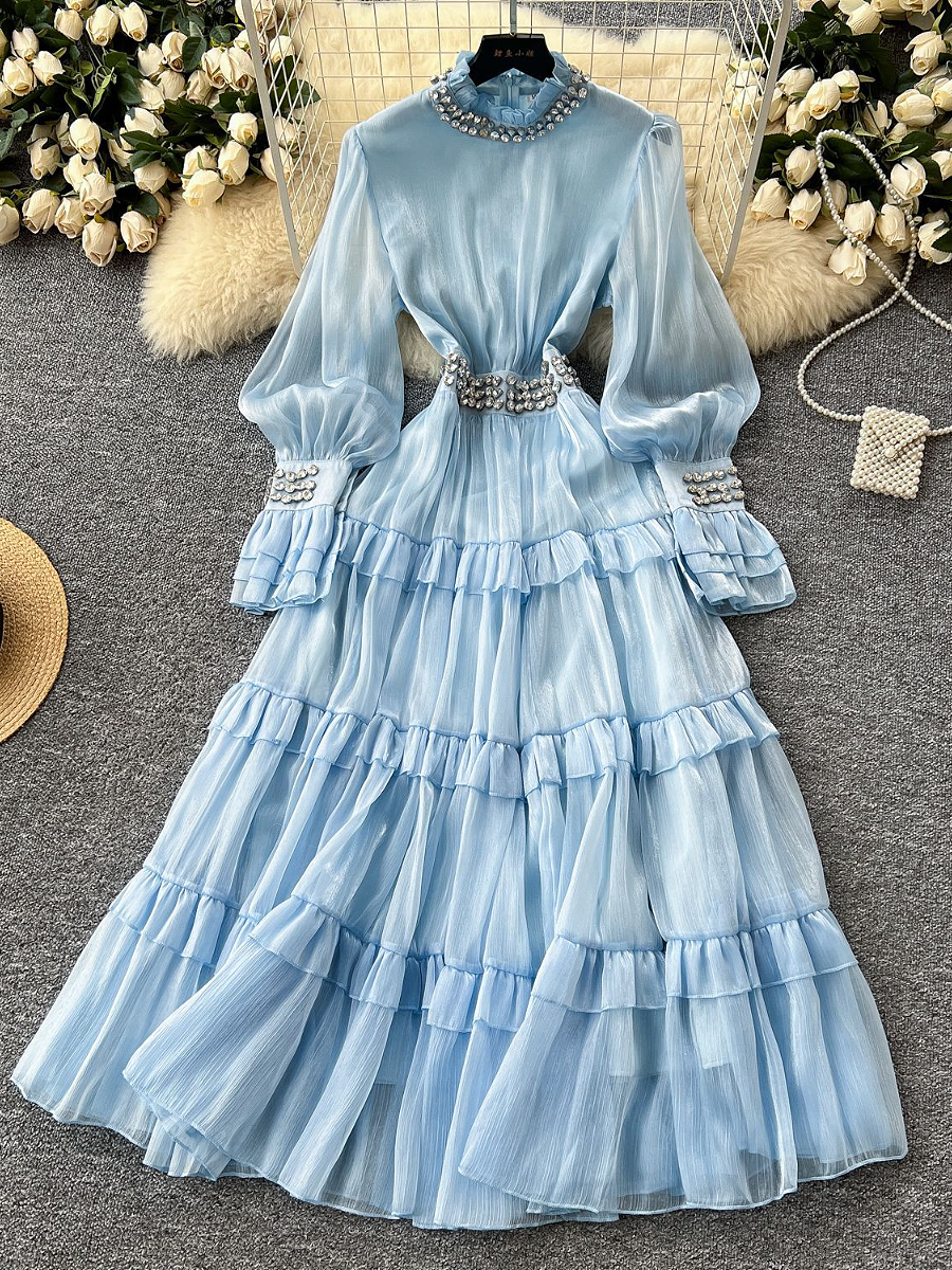 Diamond-Collar Trumpet-Sleeve Tight-Waisted Ruffled Maxi Dress