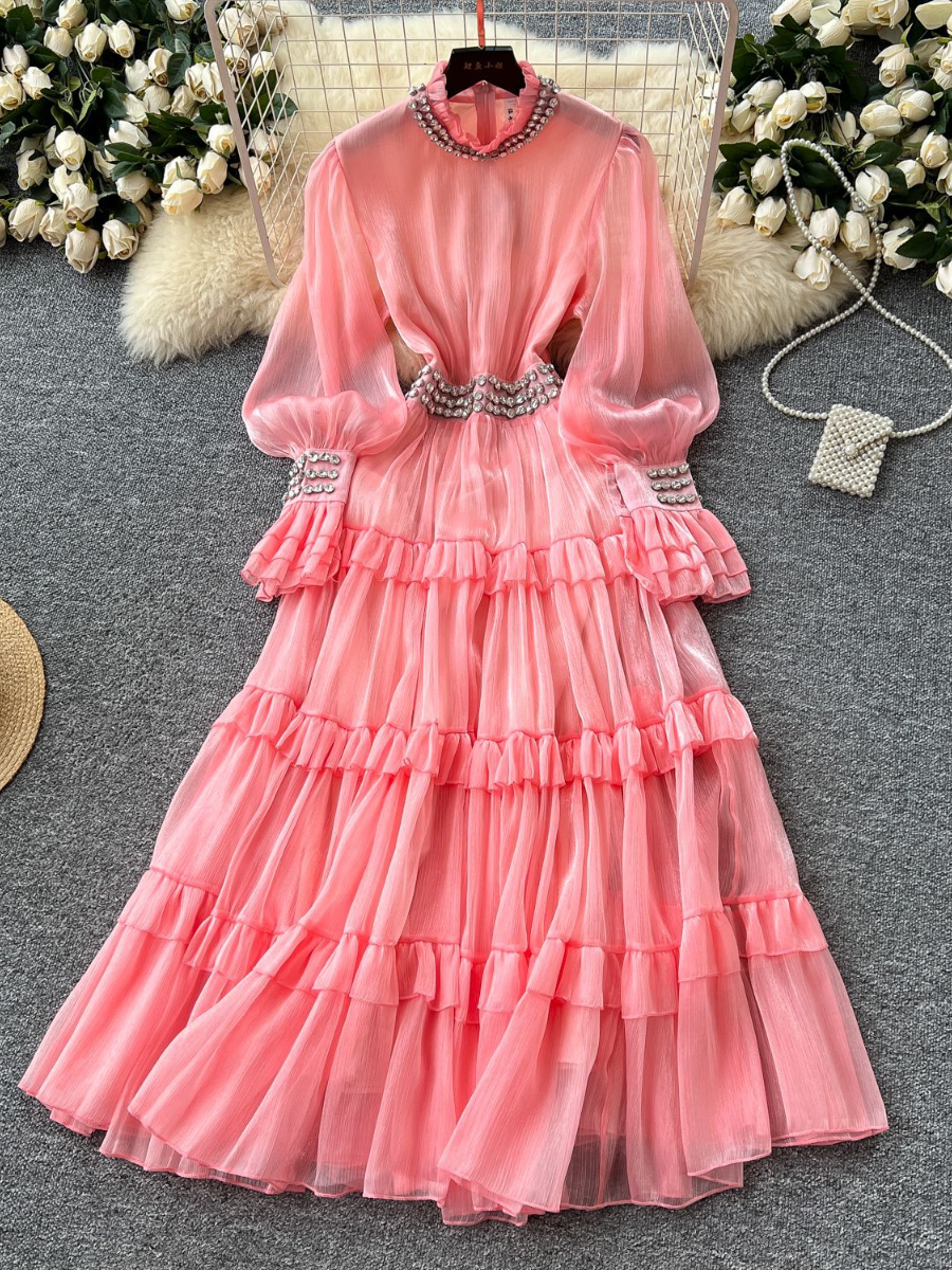 Diamond-Collar Trumpet-Sleeve Tight-Waisted Ruffled Maxi Dress