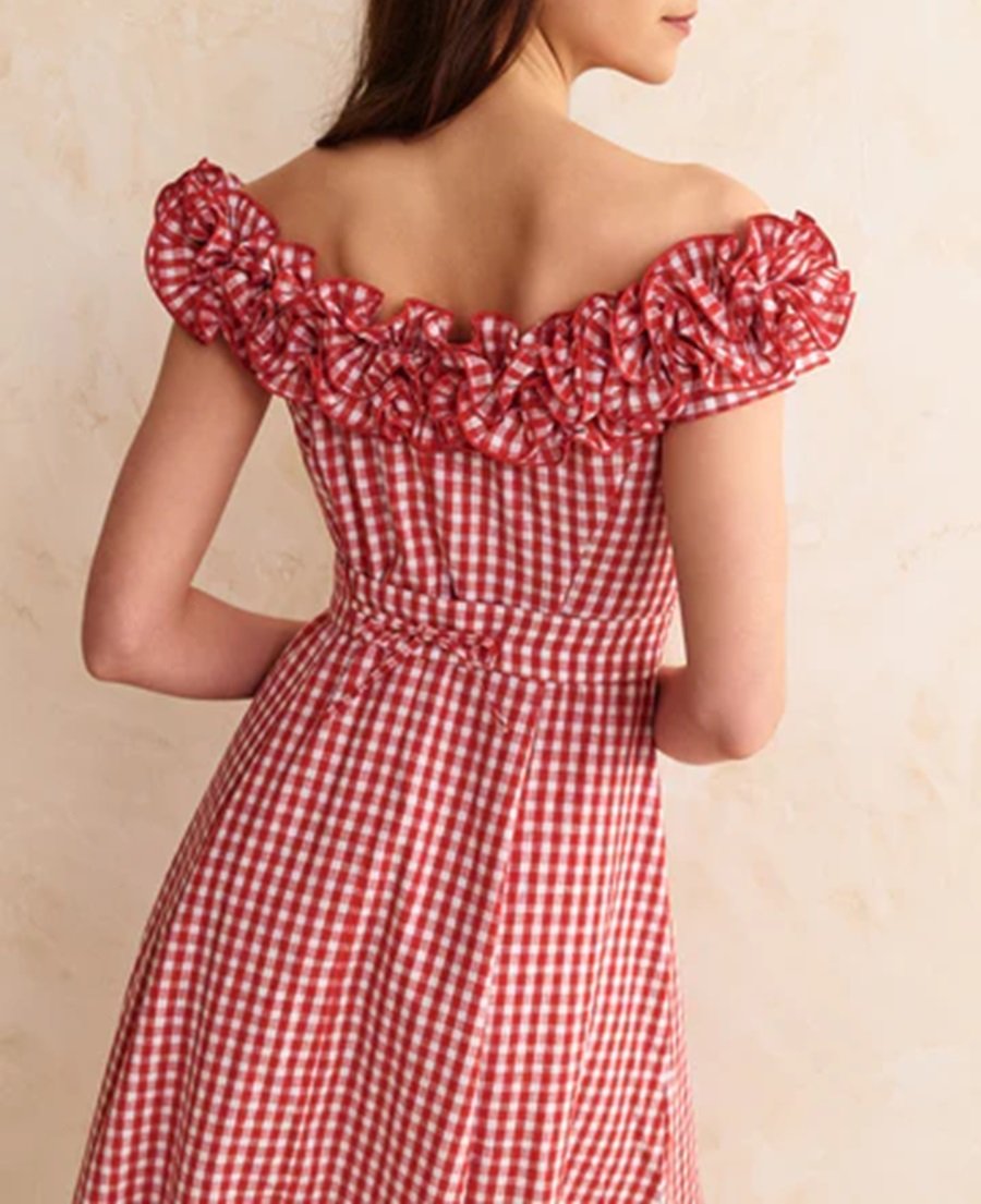 Pleated Off-shoulder Red Check-print Dress