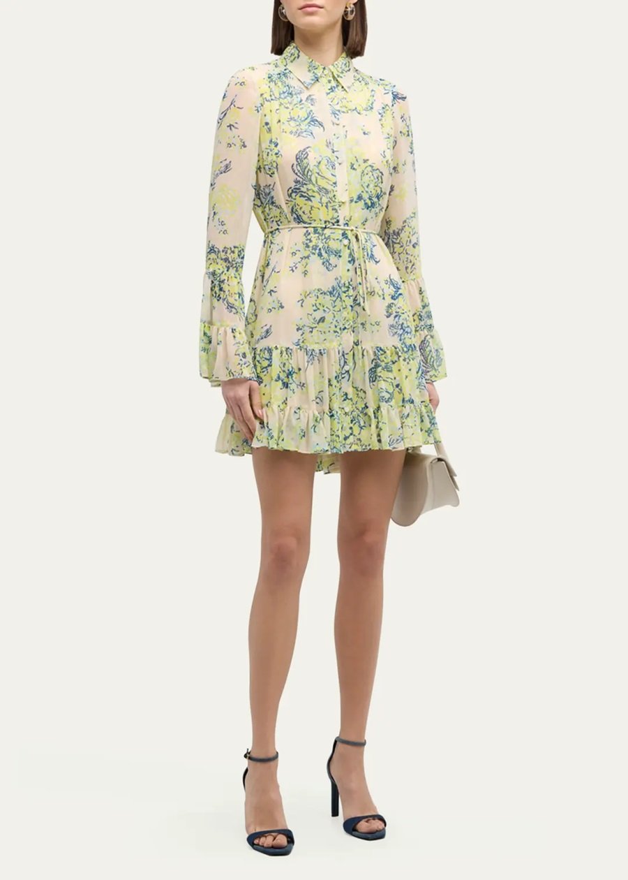 Lyra Floral Bell-Sleeve Mini Shirt Dress