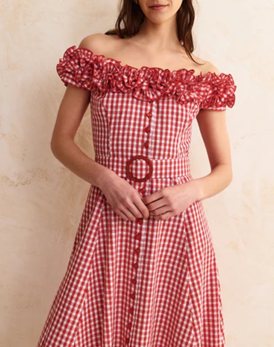 Pleated Off-shoulder Red Check-print Dress