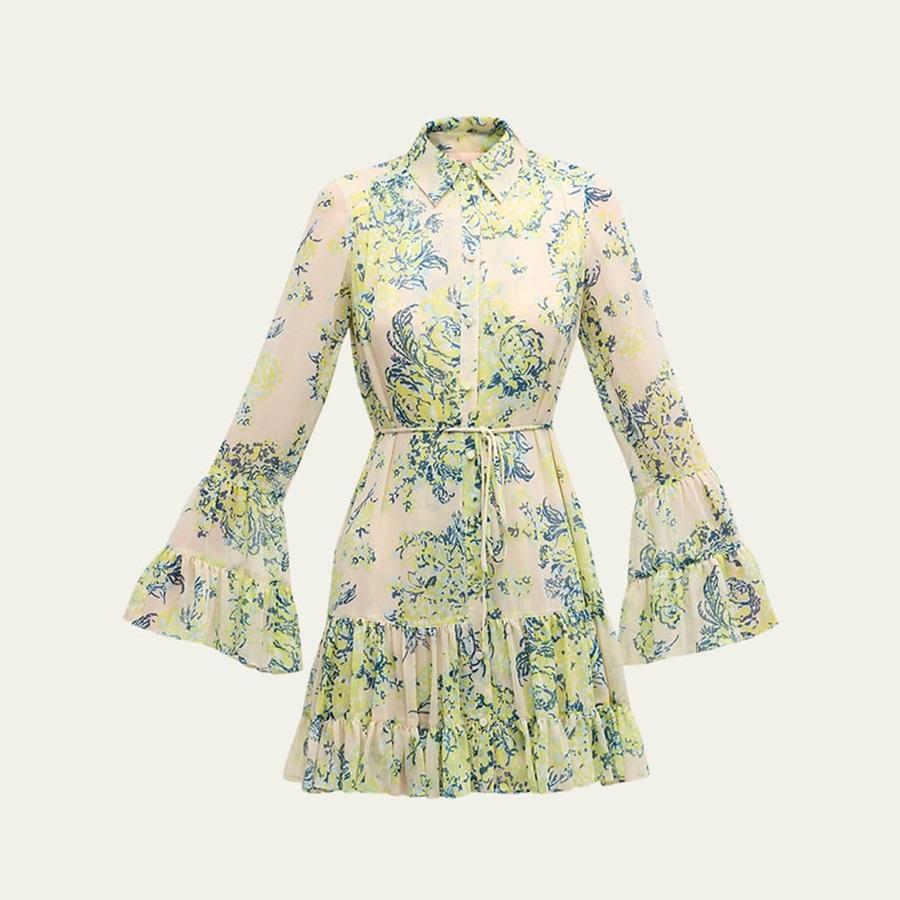 Lyra Floral Bell-Sleeve Mini Shirt Dress