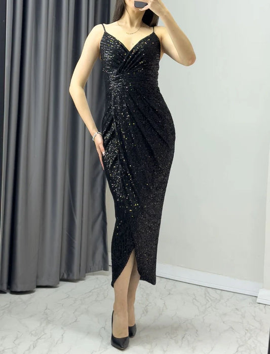 Strap Sequined Double Breasted Slit Evening Dress