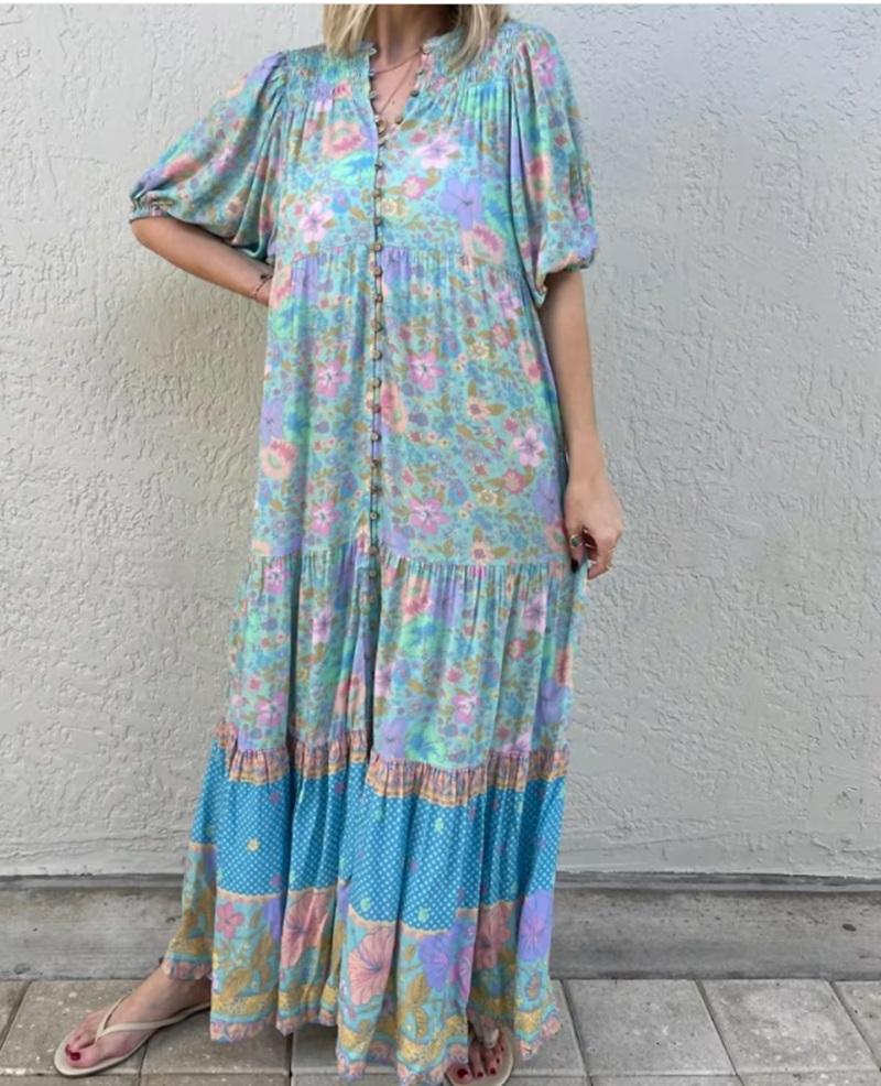Lane Button Through Maxi Gown In Blue Floral