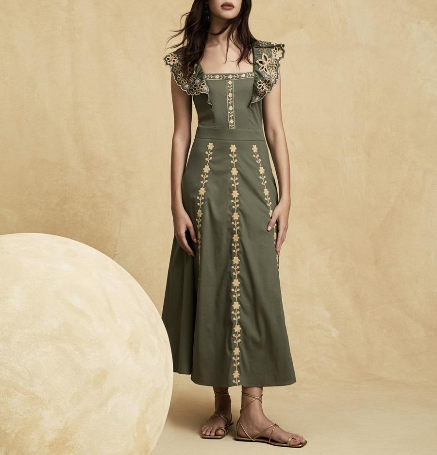 Square Collar Embroidered Ruffled Dress