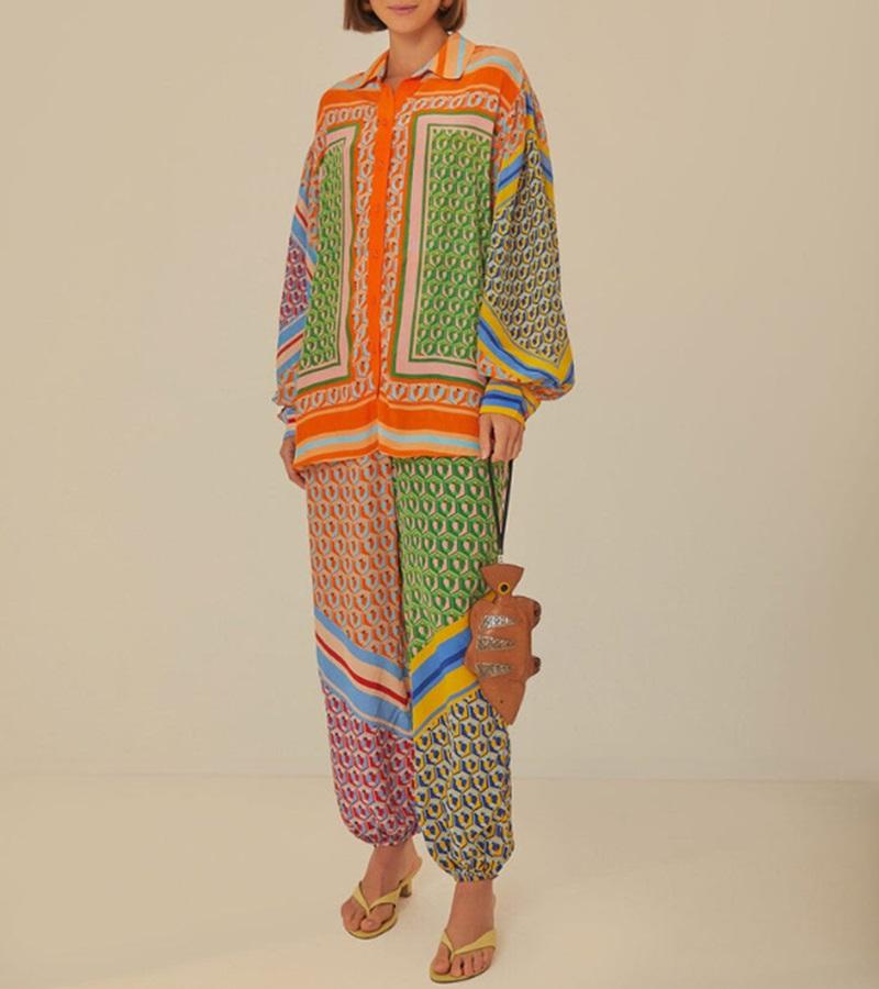 Mixed Color Block Casual Two-Piece Set