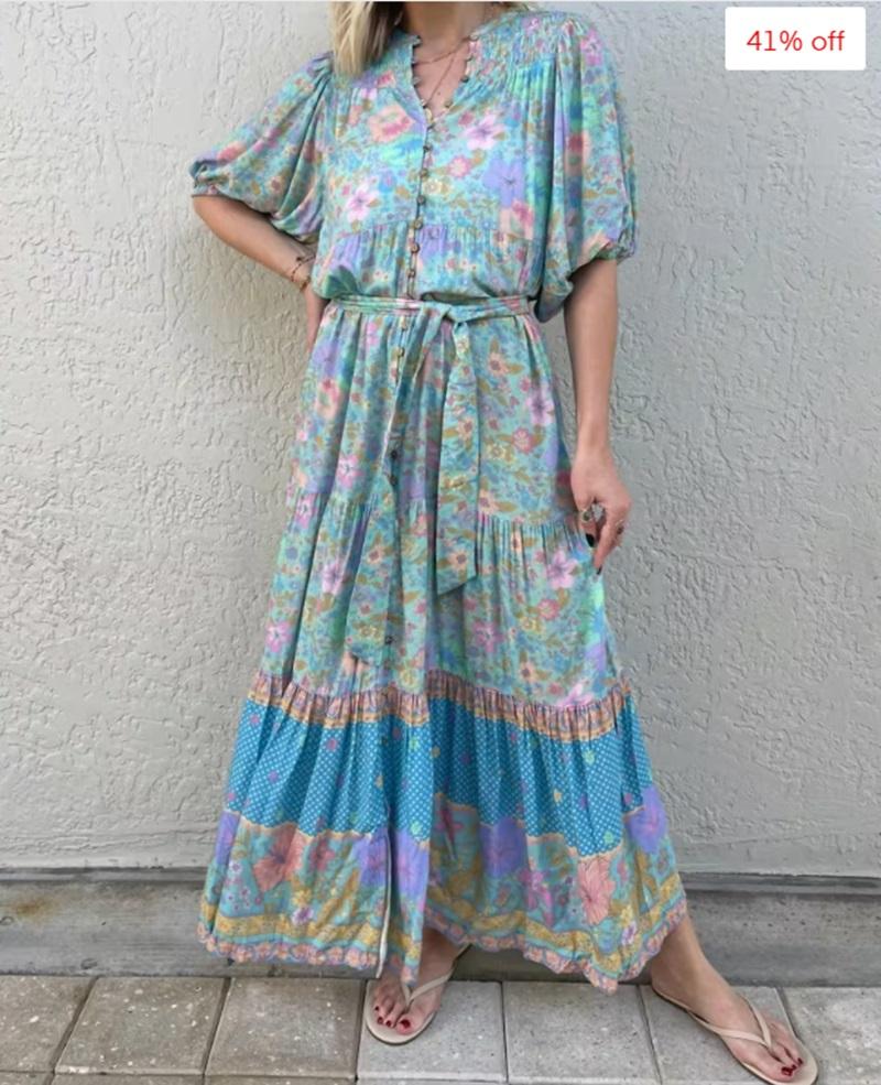 Lane Button Through Maxi Gown In Blue Floral