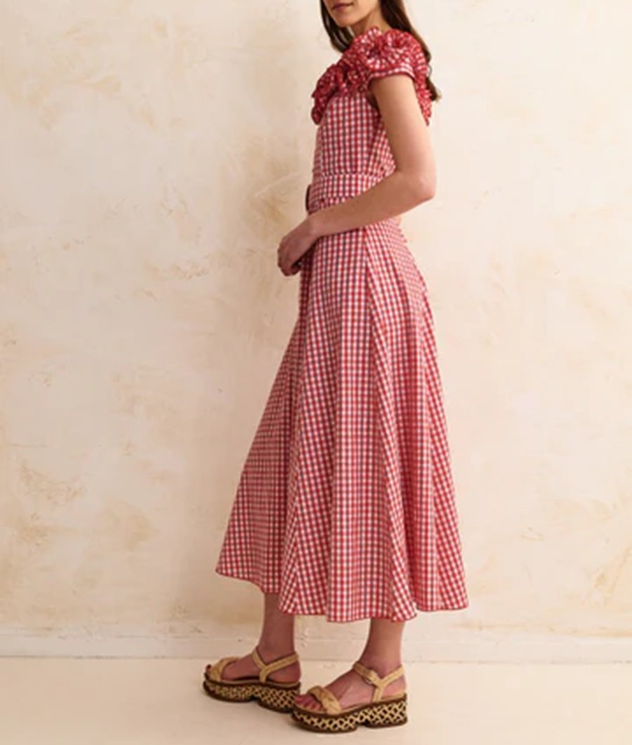 Pleated Off-shoulder Red Check-print Dress