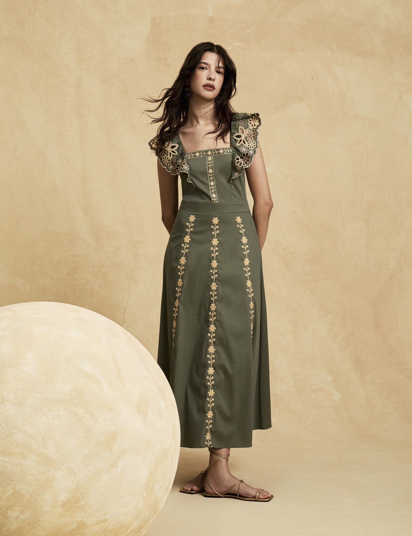 Square Collar Embroidered Ruffled Dress