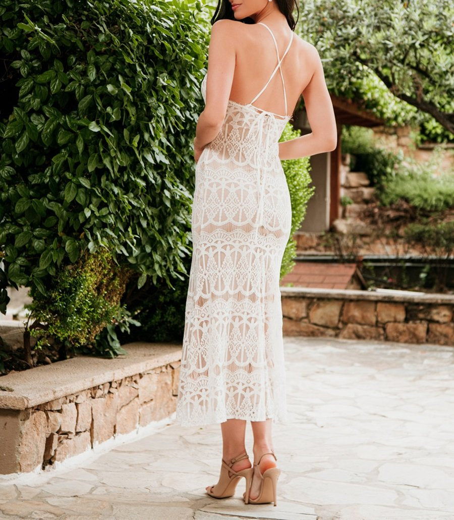 White Lace Long Dress With Lining