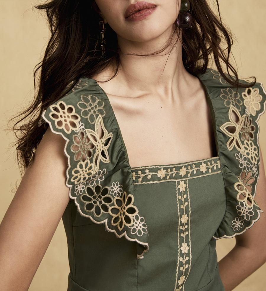 Square Collar Embroidered Ruffled Dress