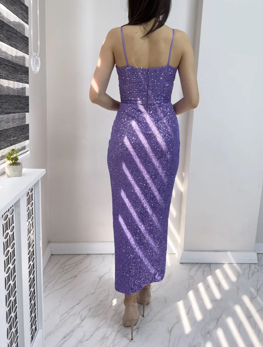 Strap Sequined Double Breasted Slit Evening Dress