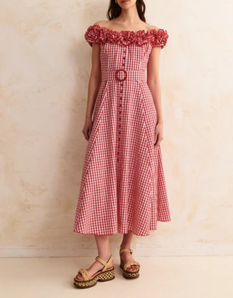 Pleated Off-shoulder Red Check-print Dress