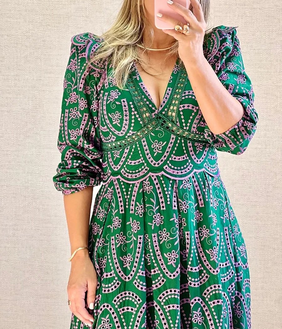 Two-Tone Embroidered Ruffled Lace Dress