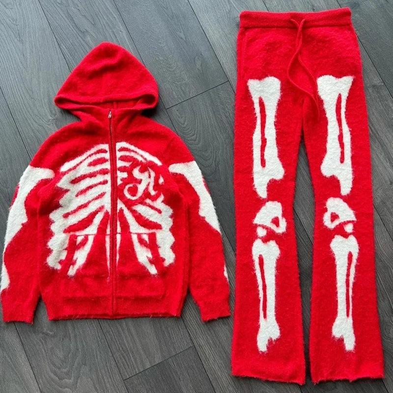 Hip-Hop Knitted Skull Hooded Zip Sweater 2-Piece Set