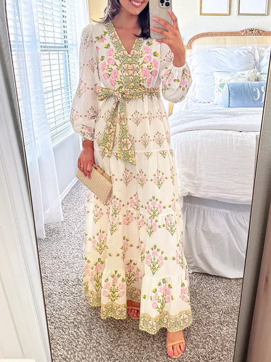 Floral Printed Long Sleeve V Neck Tie Up Maxi Dress