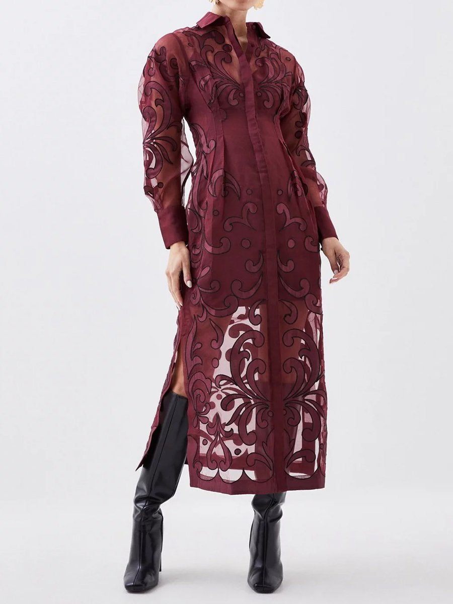 Applique Organdie Woven Midi Shirt Dress