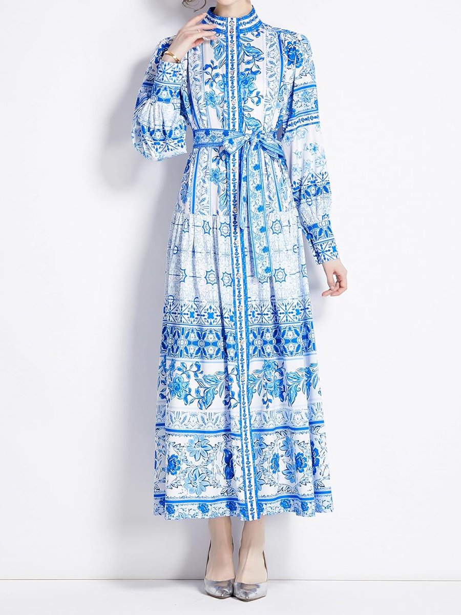 Floral Print Button Up Lantern Sleeve Casual Dress