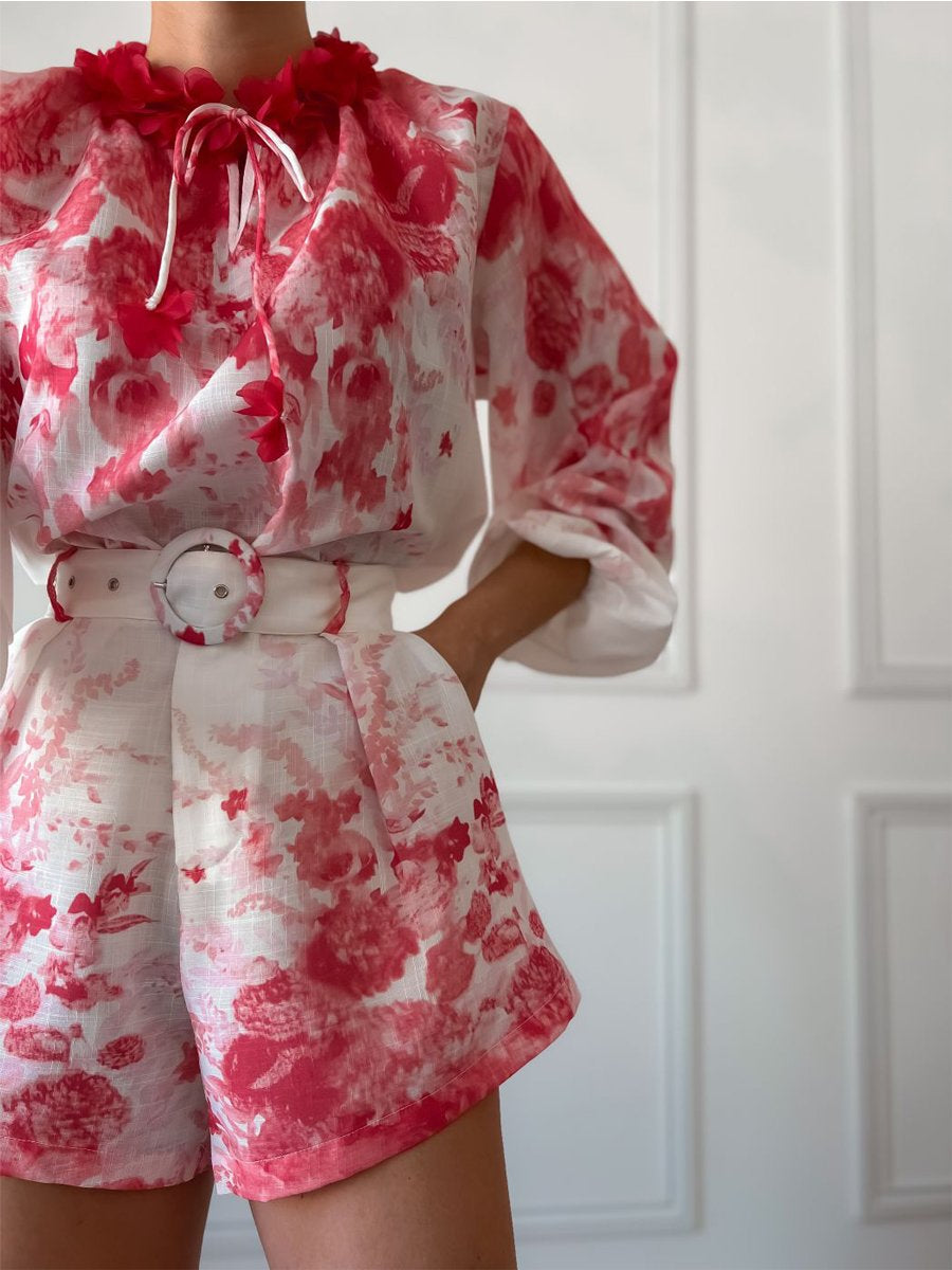 Printed Lace-Up Ruffled Two Pieces Set
