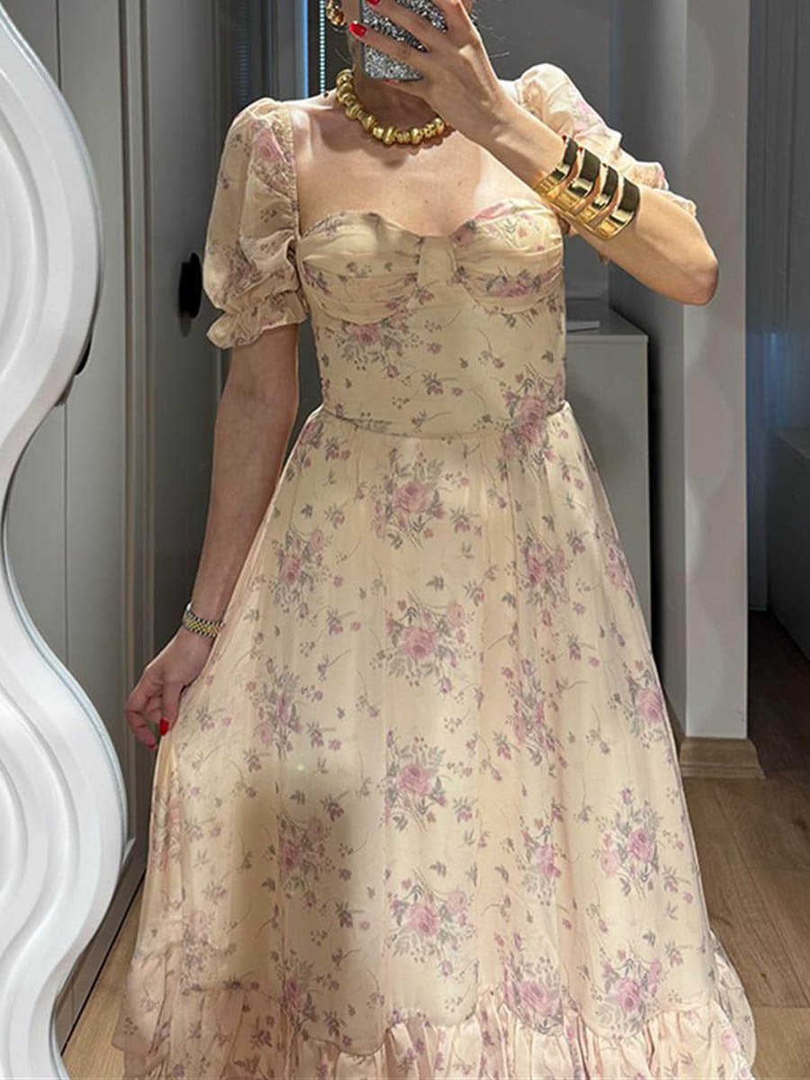 Floral Puff Sleeve Ruffled Dress