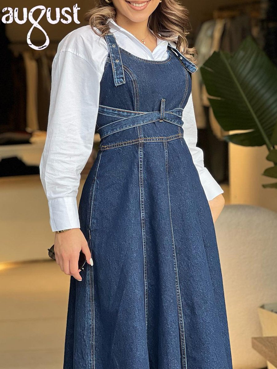 Lace Up Denim Suspender Dress