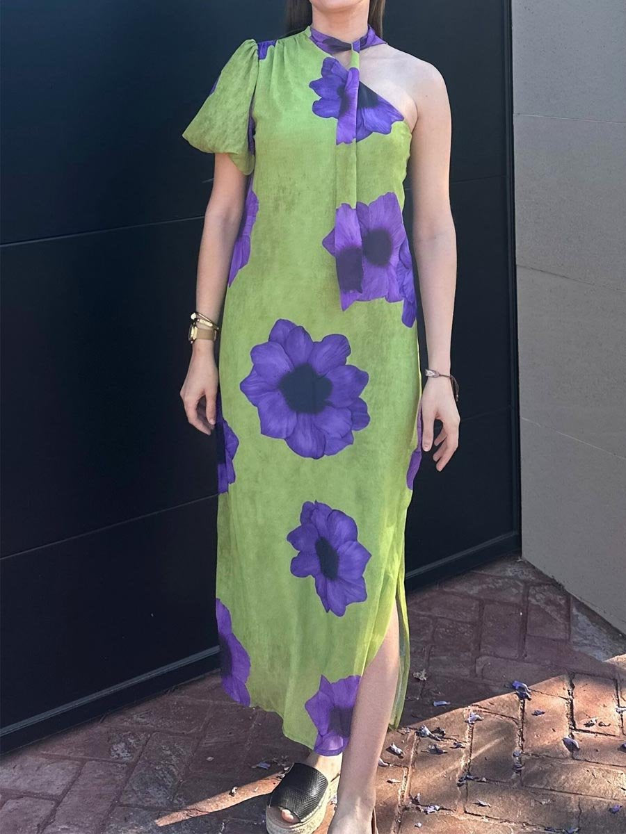 One Sleeve Printed Slit Hem Dress