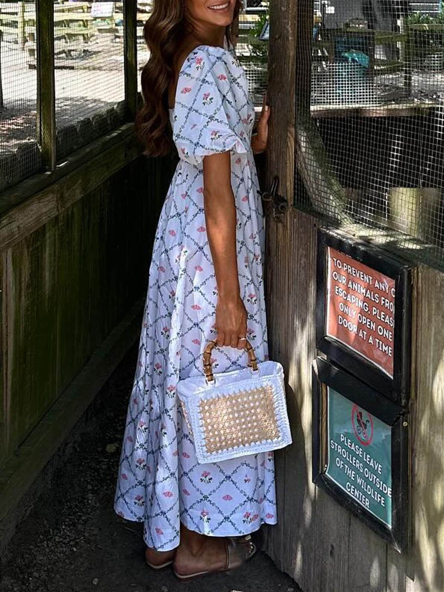 Square Collar Floral Puff Sleeve Dress