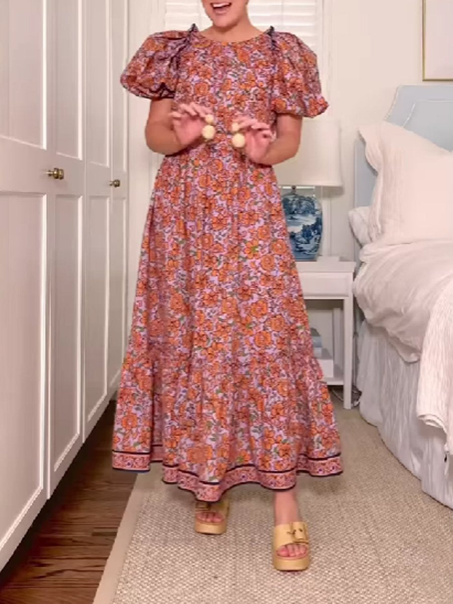Floral Print Puff Sleeve Maxi Dress