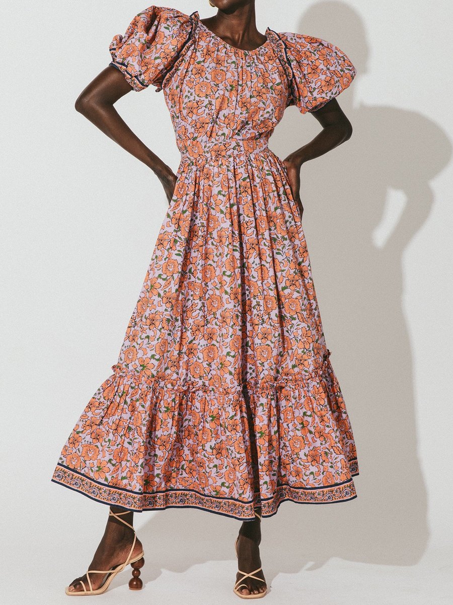 Floral Print Puff Sleeve Maxi Dress