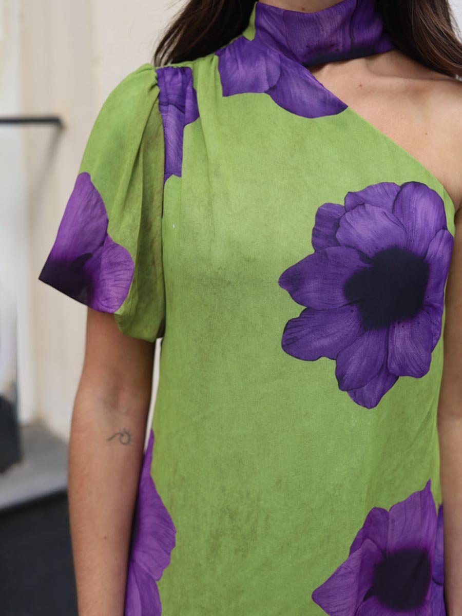 One Sleeve Printed Slit Hem Dress