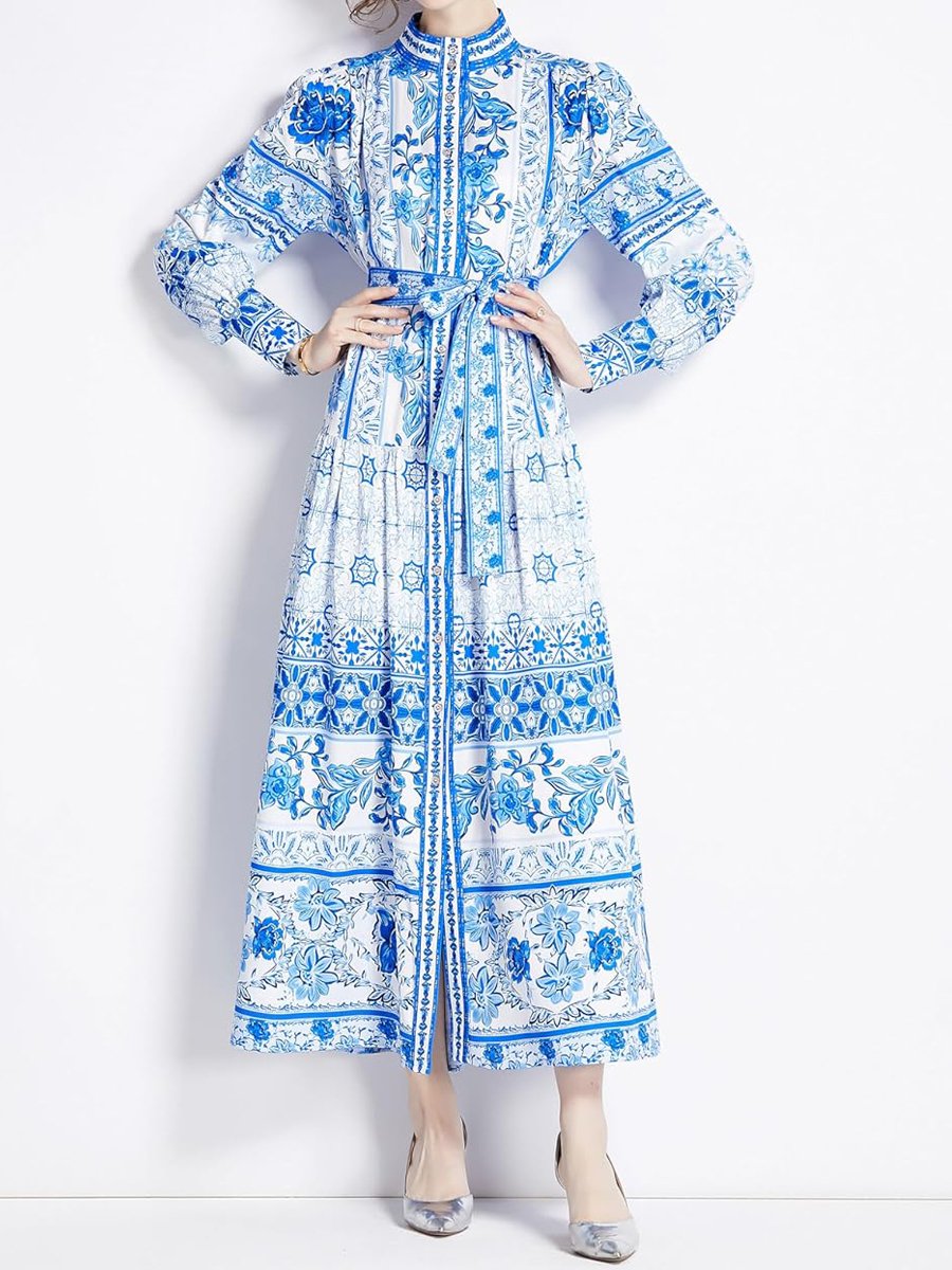 Floral Print Button Up Lantern Sleeve Casual Dress