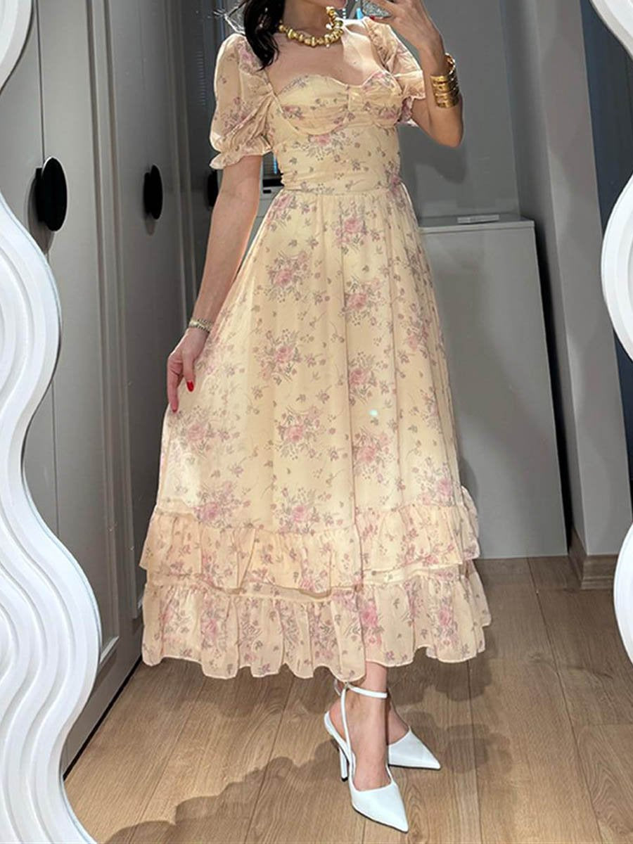Floral Puff Sleeve Ruffled Dress