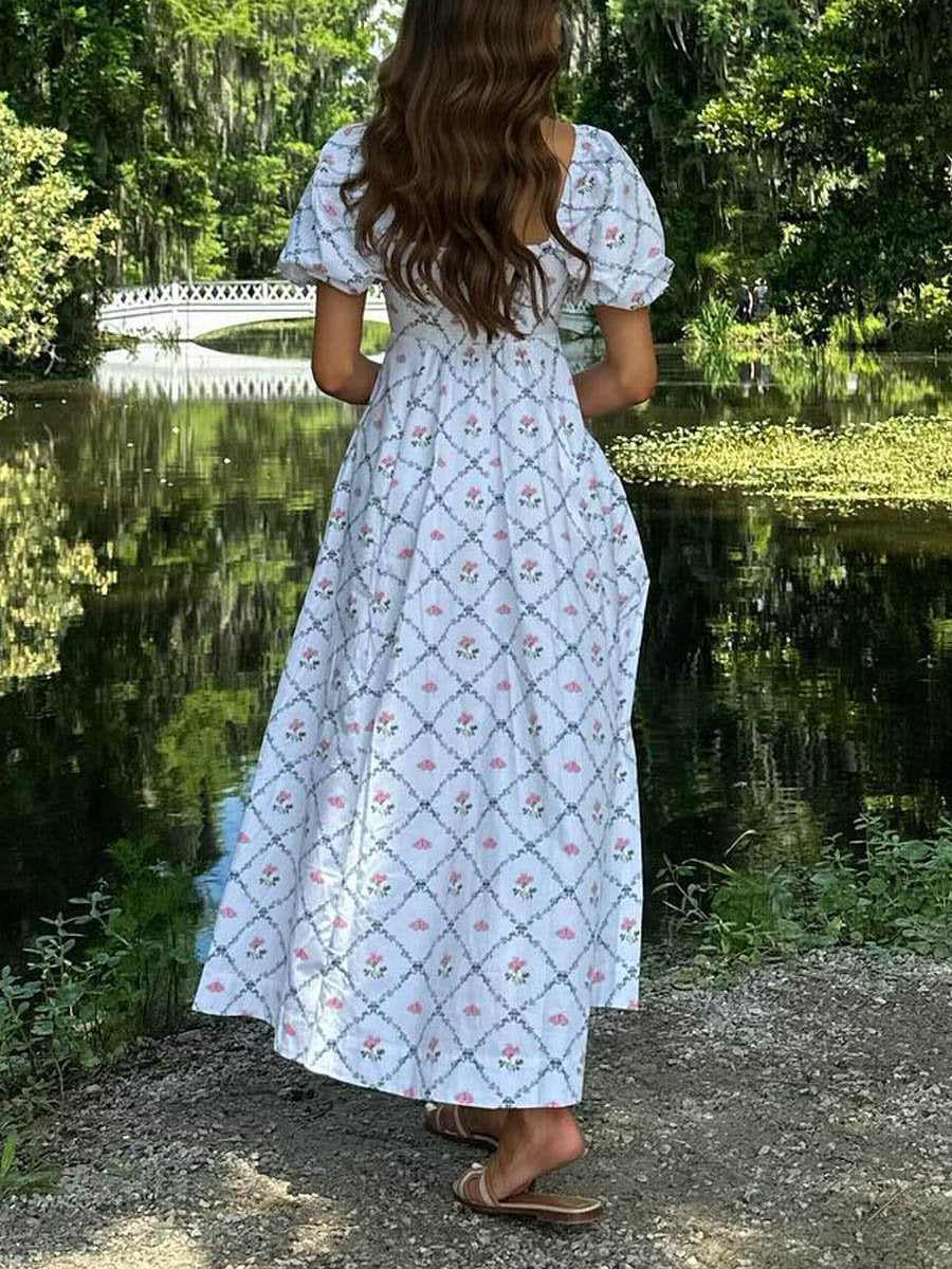 Square Collar Floral Puff Sleeve Dress
