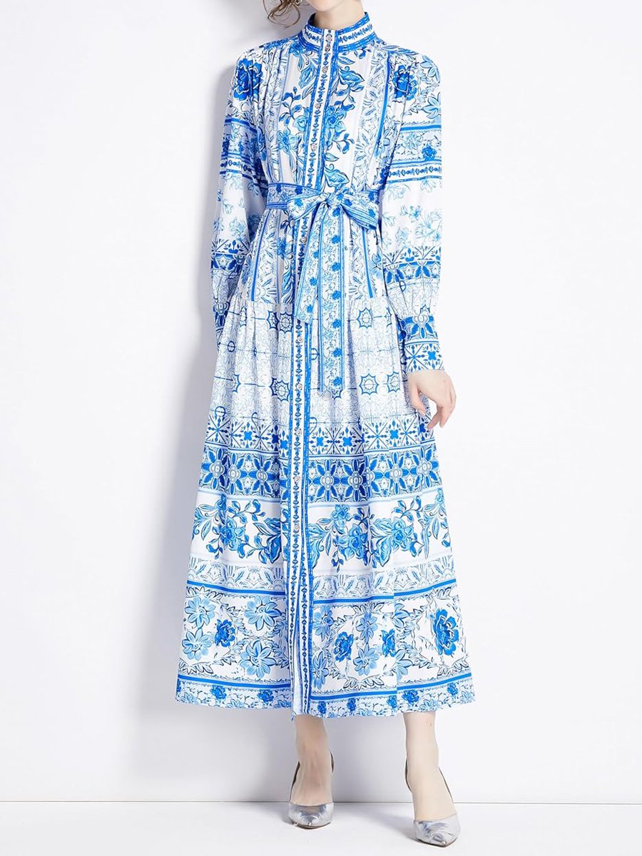 Floral Print Button Up Lantern Sleeve Casual Dress