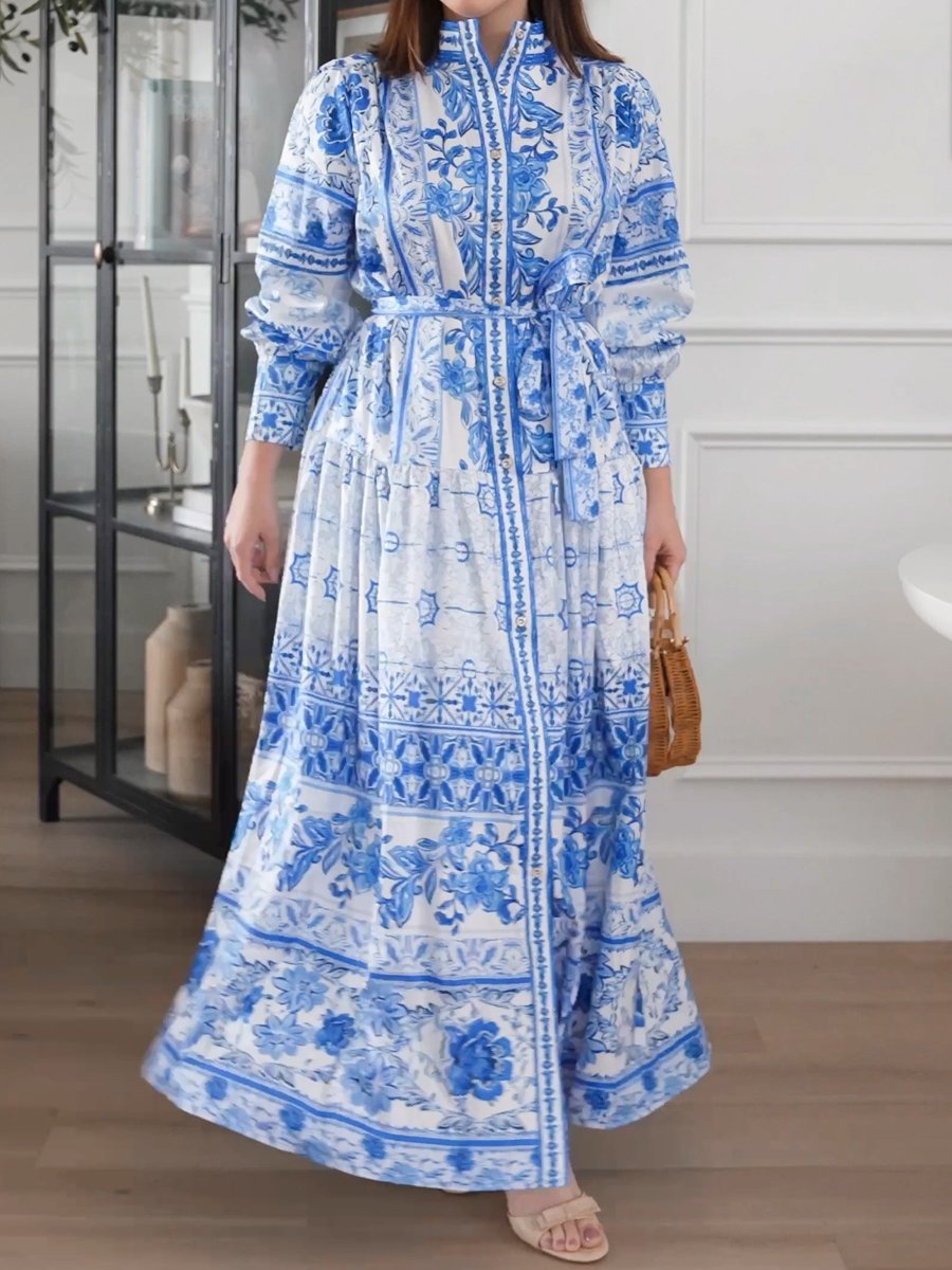 Floral Print Button Up Lantern Sleeve Casual Dress