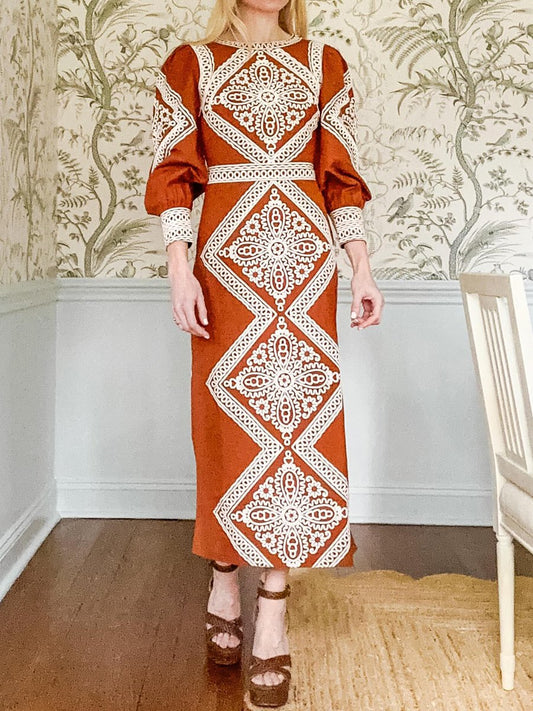 Embroidered Long Sleeve Maxi Dress