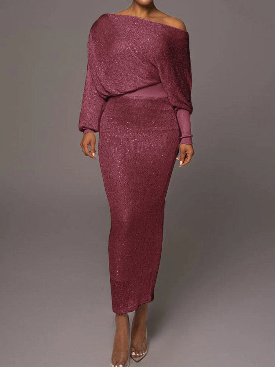 Sexy Sequin Skew Neck Knit Two-piece Set