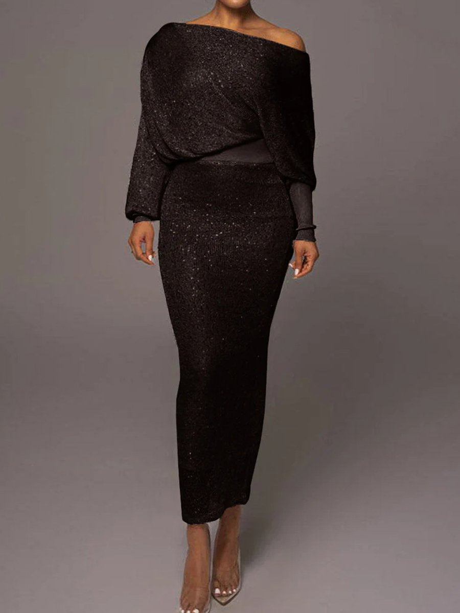 Sexy Sequin Skew Neck Knit Two-piece Set
