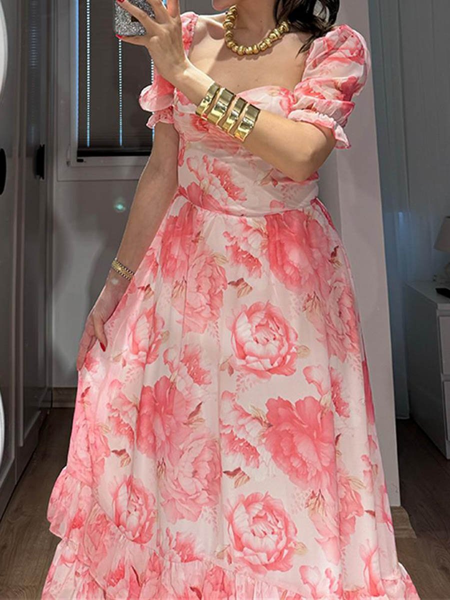 Floral Puff Sleeve Ruffled Dress