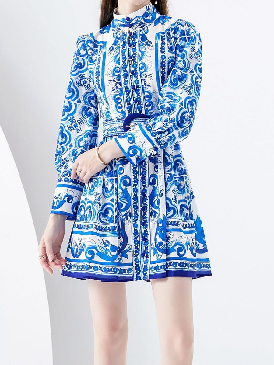 Floral Print Button Up Lantern Sleeve Casual Dress