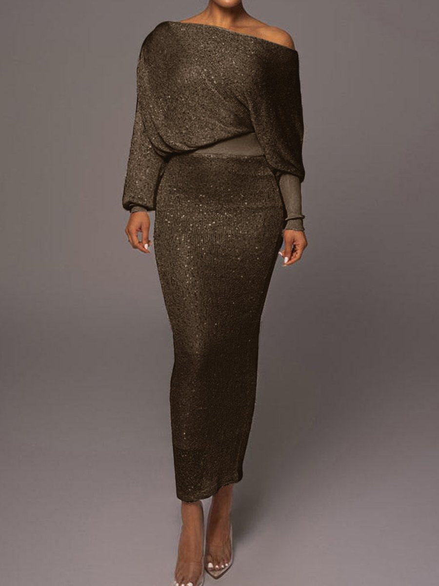 Sexy Sequin Skew Neck Knit Two-piece Set