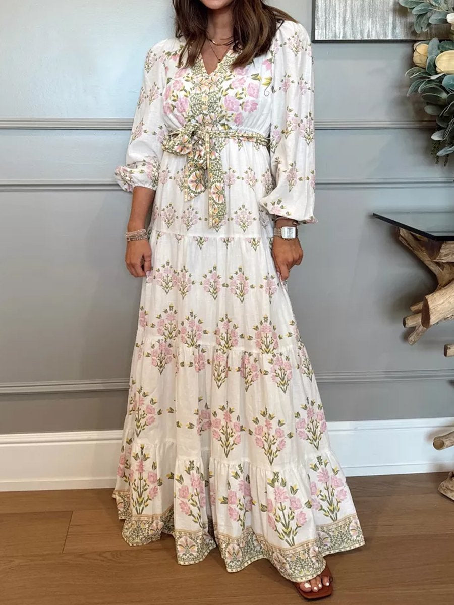 Floral Printed Long Sleeve V Neck Tie Up Maxi Dress