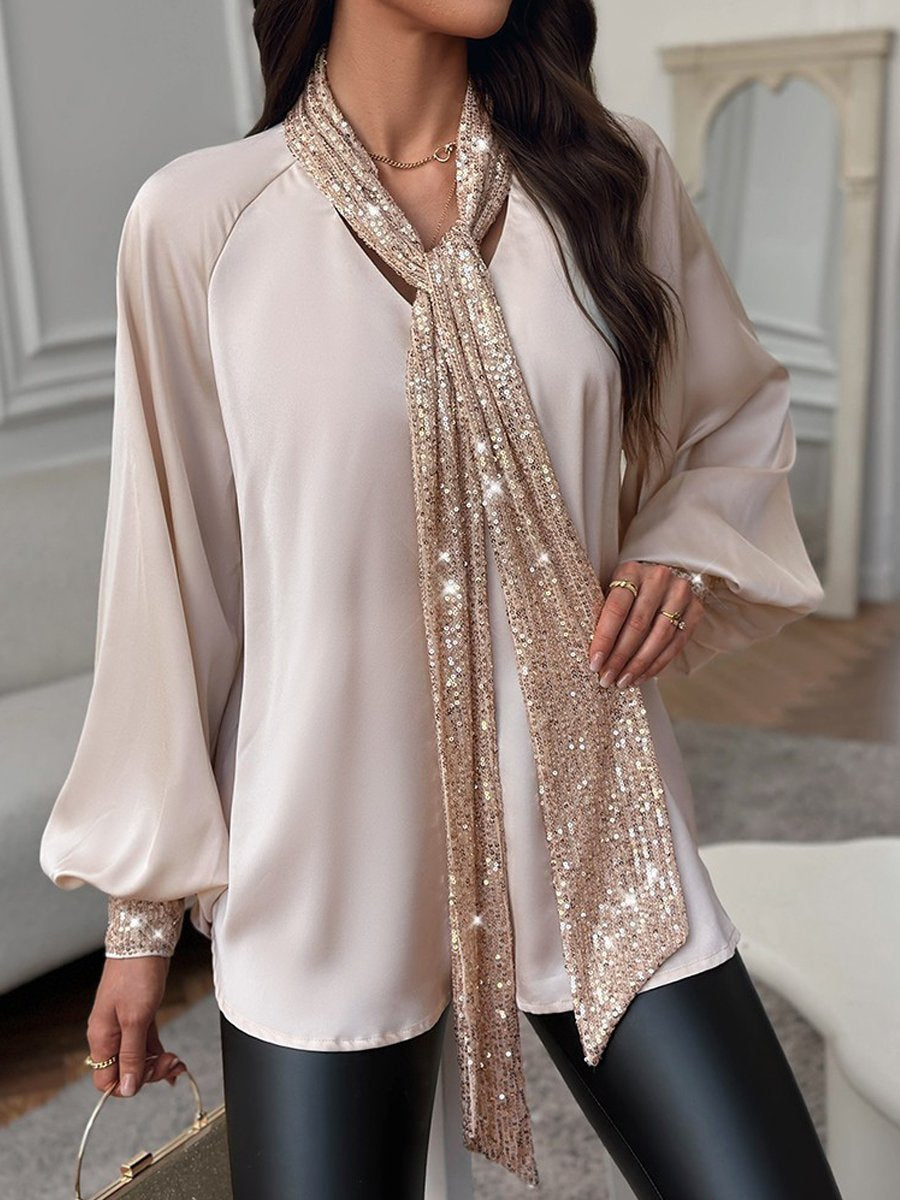 Sequin Patchwork Loose Lace Up Blouse