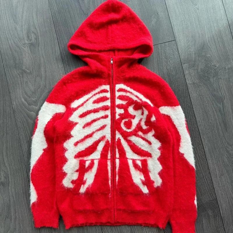 Hip-Hop Knitted Skull Hooded Zip Sweater 2-Piece Set
