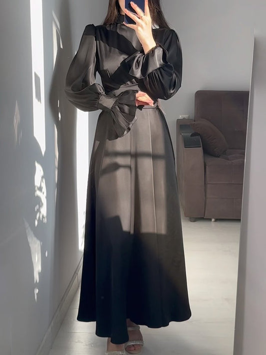 Belted Puff Sleeve Maxi Dress