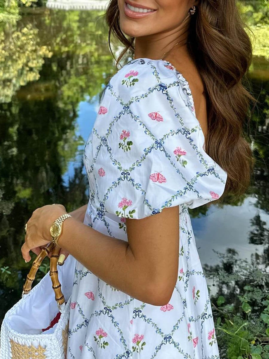 Square Collar Floral Puff Sleeve Dress
