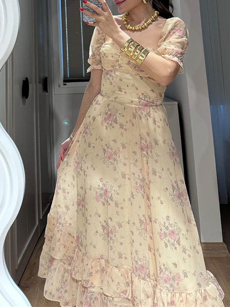 Floral Puff Sleeve Ruffled Dress