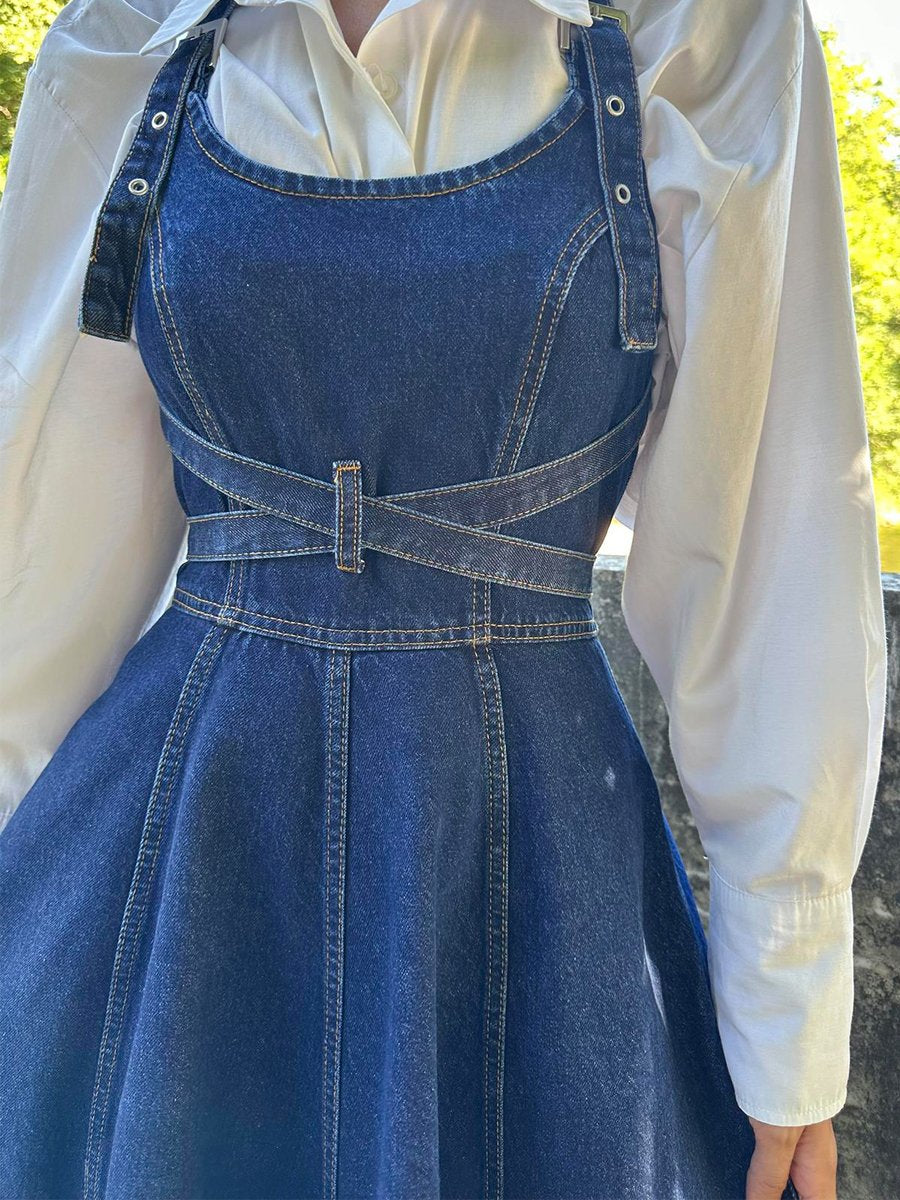 Lace Up Denim Suspender Dress