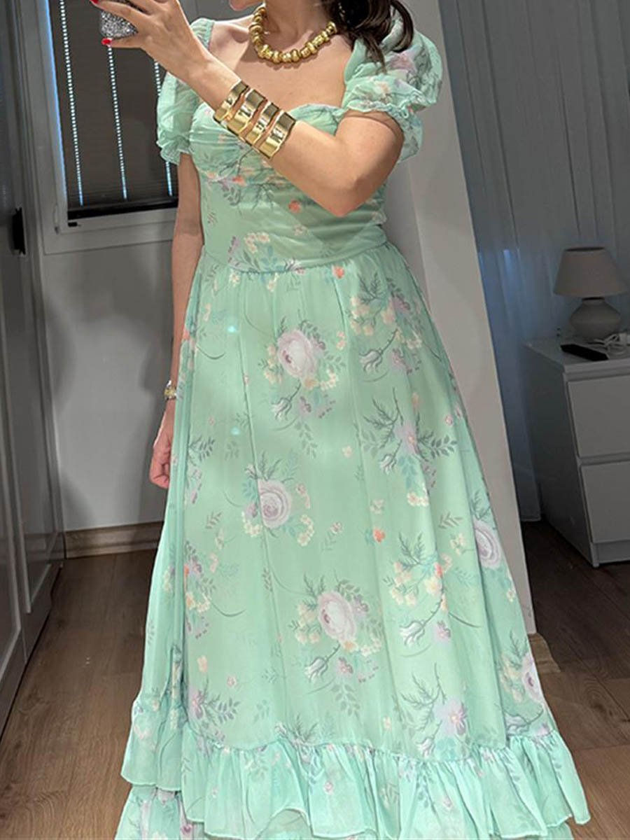 Floral Puff Sleeve Ruffled Dress