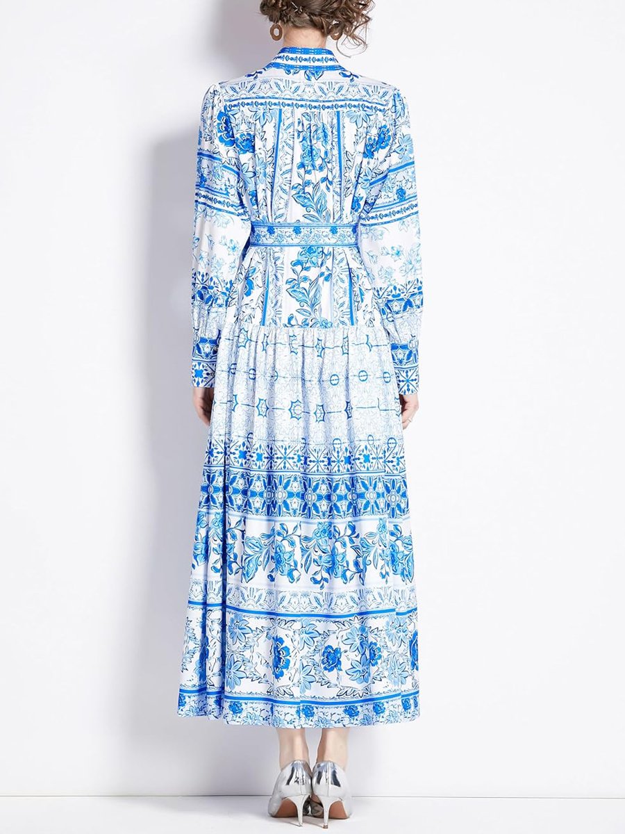 Floral Print Button Up Lantern Sleeve Casual Dress